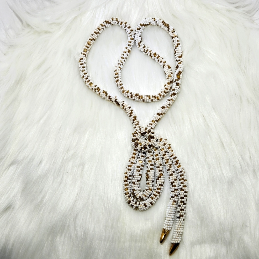Vintage White and Gold Tone Beaded Braided Necklace Extra Long 21" L